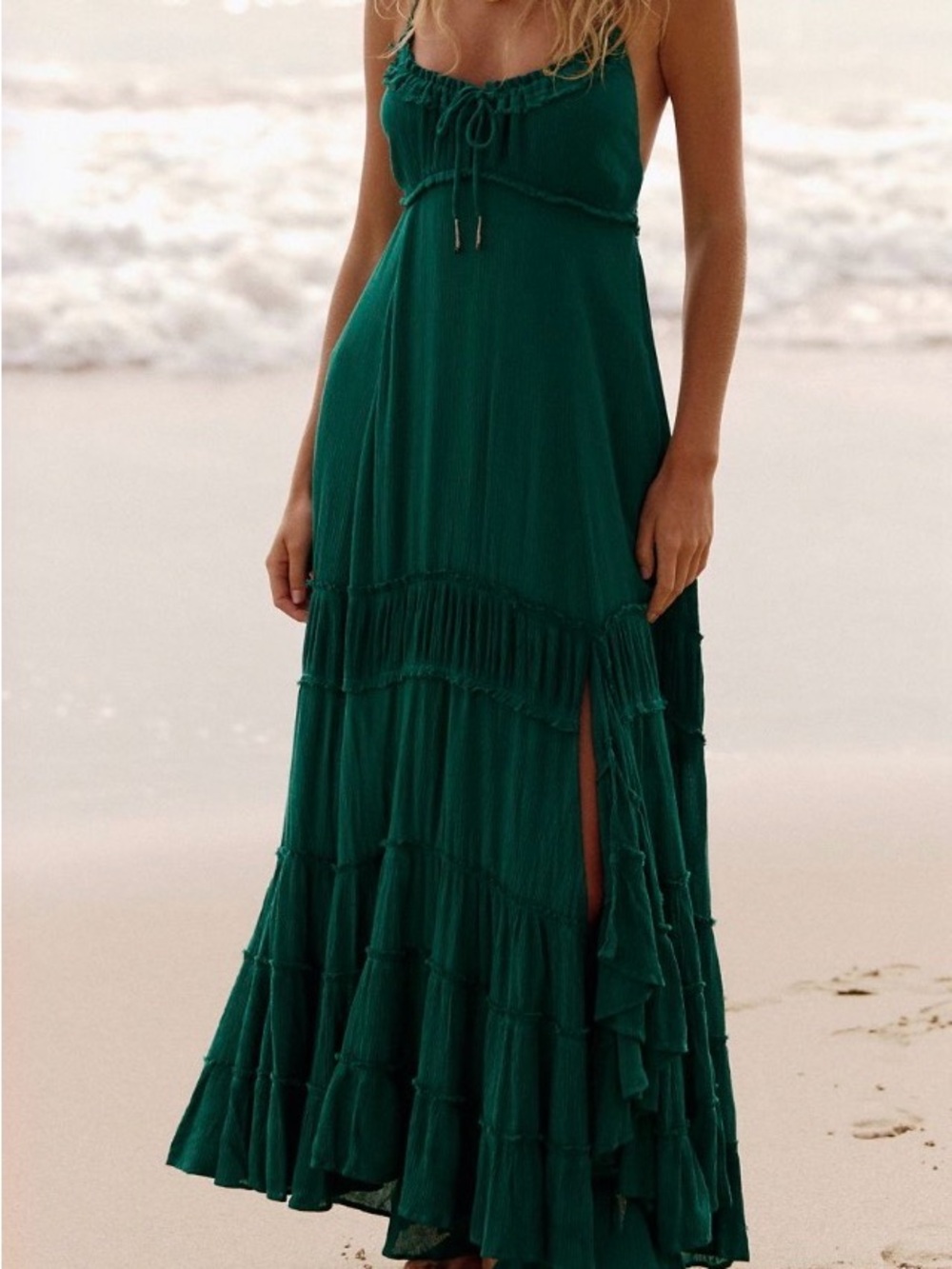Free People Emerald Green Tiered Maxi Dress with Side Slit